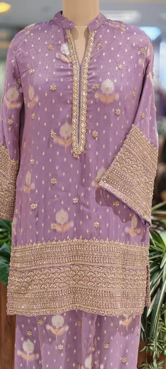 Lavender Lilac Embroidered Short Kurta Set with Gold Threadwork Borders, Flared Palazzo Pants & Matching Potli Bag- 16865
