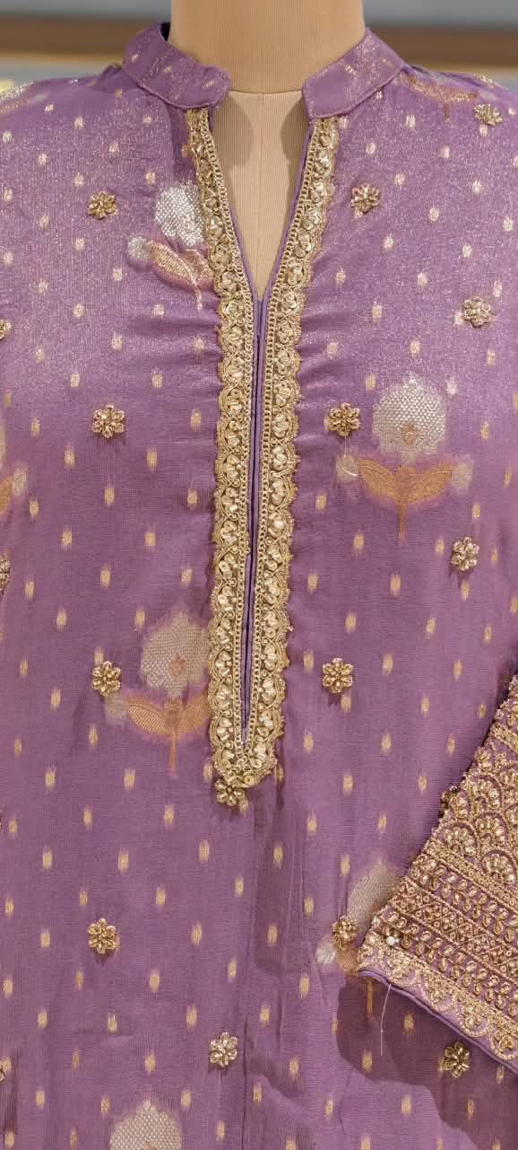 Lavender Lilac Embroidered Short Kurta Set with Gold Threadwork Borders, Flared Palazzo Pants & Matching Potli Bag- 16865