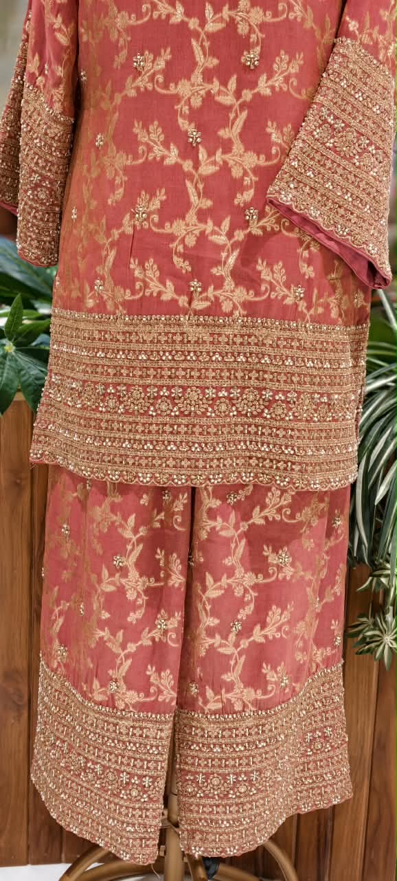 Dusty Rose Coral Pink Floral Printed Kurta Set with Zari & Sequins Embroidered Hemline, Palazzo Pants & Potli Bag- 16862