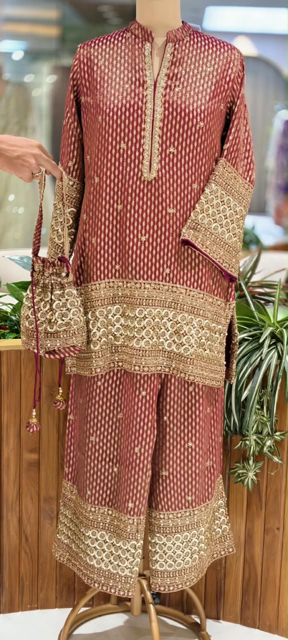 Crimson Sage Abstract Printed Short Kurta Set with Heavy Circle Lace Embroidered Borders & Flared Palazzo Pants-