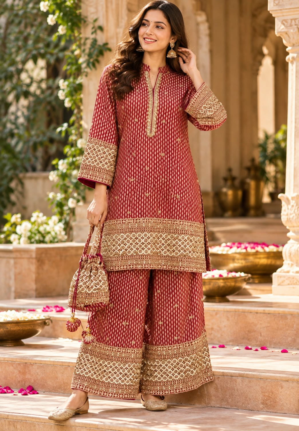Crimson Sage Abstract Printed Short Kurta Set with Heavy Circle Lace Embroidered Borders & Flared Palazzo Pants-