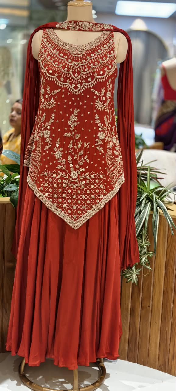 Hand-Embroidered Asymmetric Scalloped Kurta with Flared Palazzo Bottom & Chowker Dupatta Set- 16819