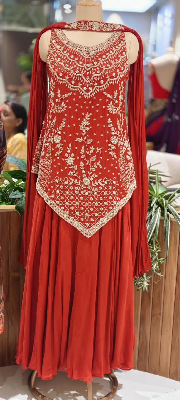 Hand-Embroidered Asymmetric Scalloped Kurta with Flared Palazzo Bottom & Chowker Dupatta Set- 16819