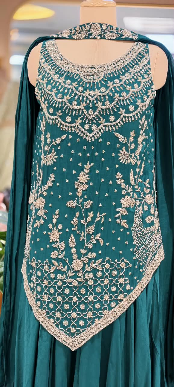Hand-Embroidered Asymmetric Scalloped Kurta with Flared Palazzo Bottom & Chowker Dupatta Set- 16819