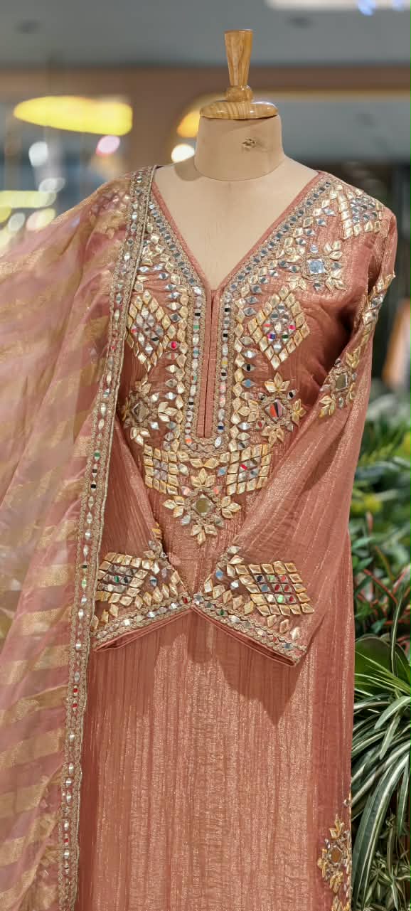Heavy Premium Tissue Real Mirror Hand Embroidery Heavy Party Wear Full Suit Set With Striped Dupatta- 16867
