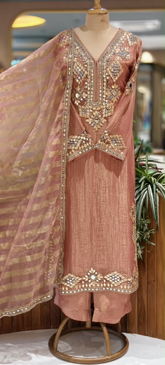 Heavy Premium Tissue Real Mirror Hand Embroidery Heavy Party Wear Full Suit Set With Striped Dupatta- 16867
