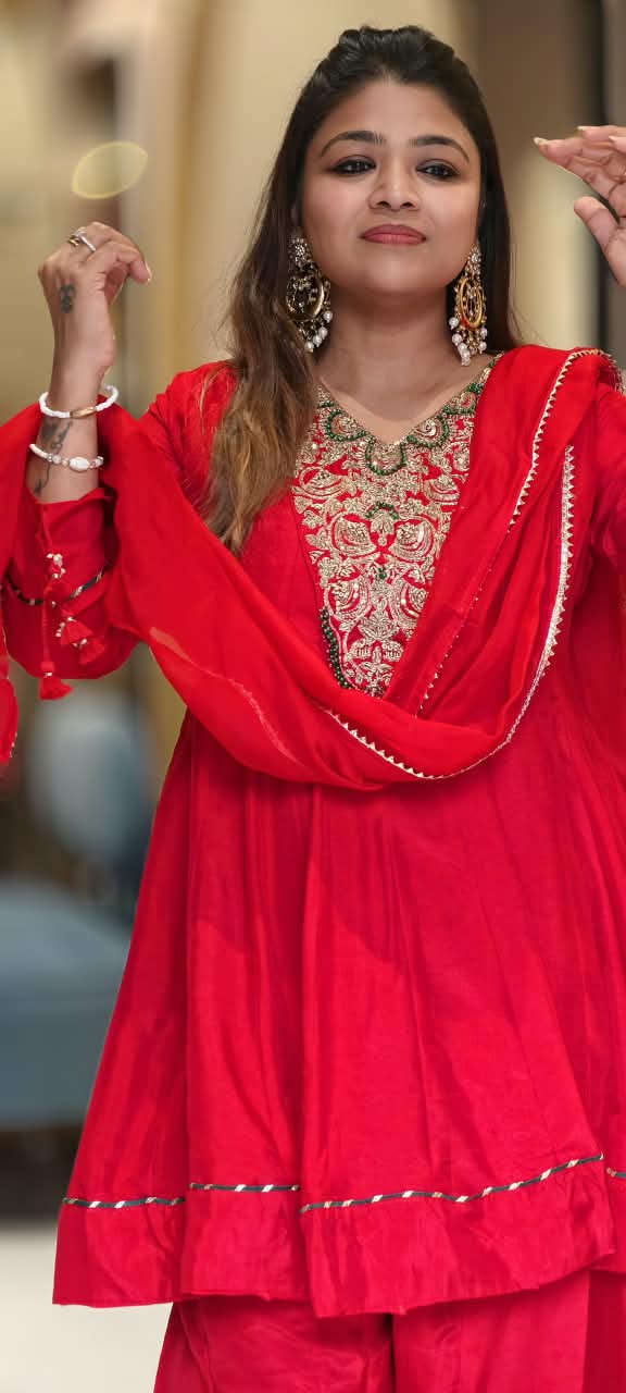 Russian Silk Short Length Panel Anarkali Style Full Suit Set With Heavy Zardosi Embroidery Yoke- 16888