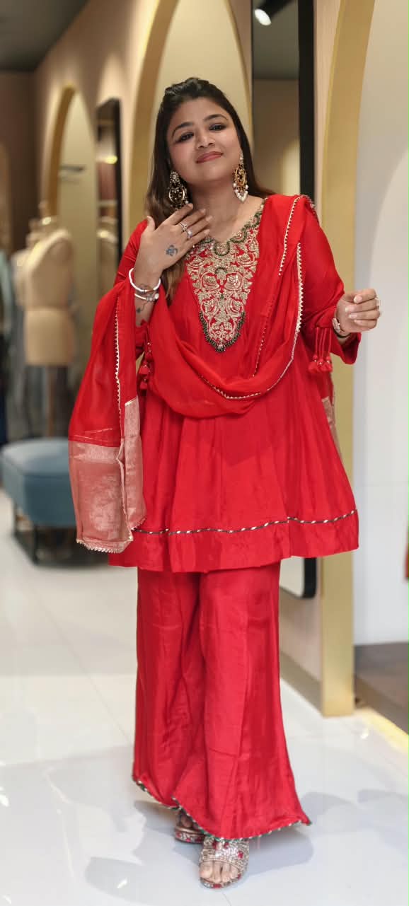 Russian Silk Short Length Panel Anarkali Style Full Suit Set With Heavy Zardosi Embroidery Yoke- 16888