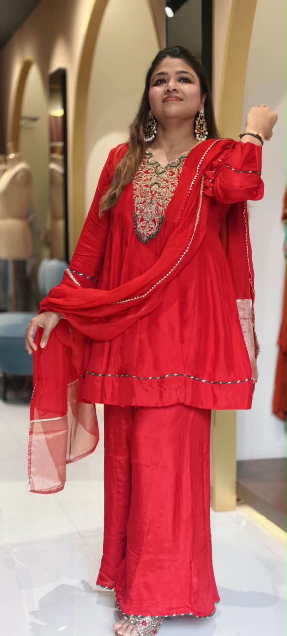 Russian Silk Short Length Panel Anarkali Style Full Suit Set With Heavy Zardosi Embroidery Yoke- 16888