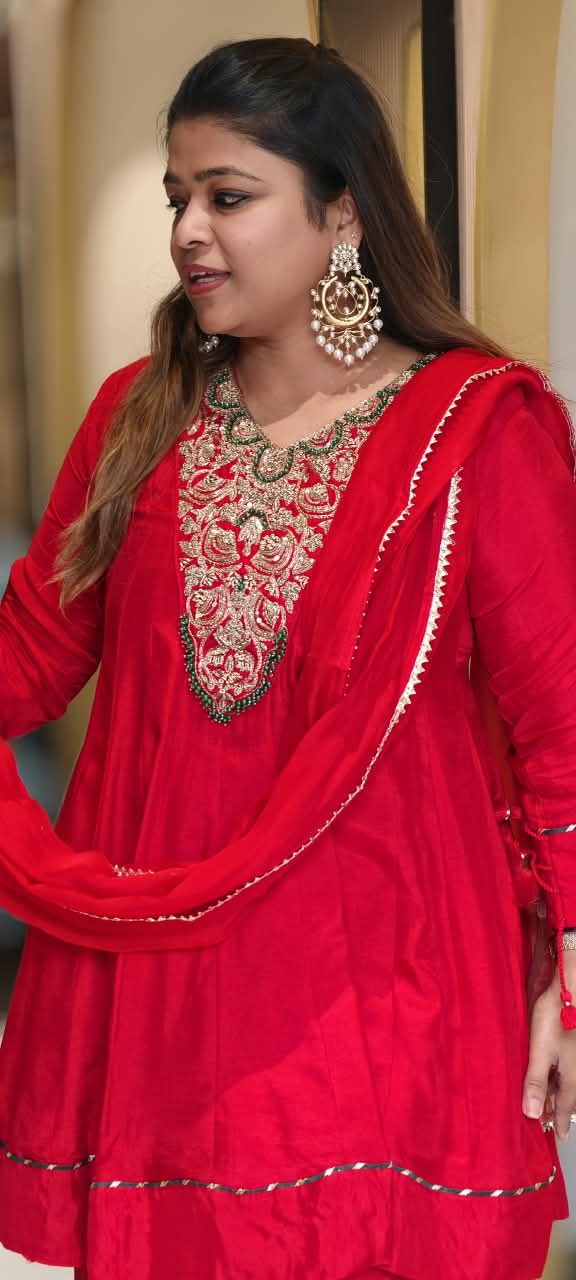 Russian Silk Short Length Panel Anarkali Style Full Suit Set With Heavy Zardosi Embroidery Yoke- 16888