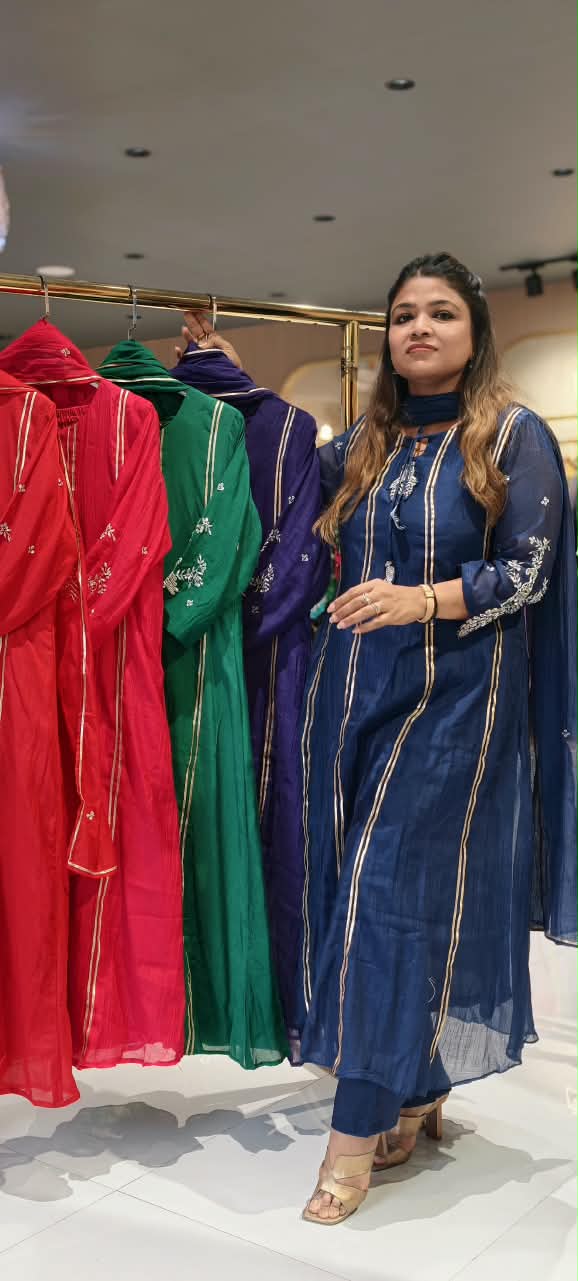 Gotta Patti Linear Panels Dangled Neckline A-Line Full Suit Set With Dupatta- 16886