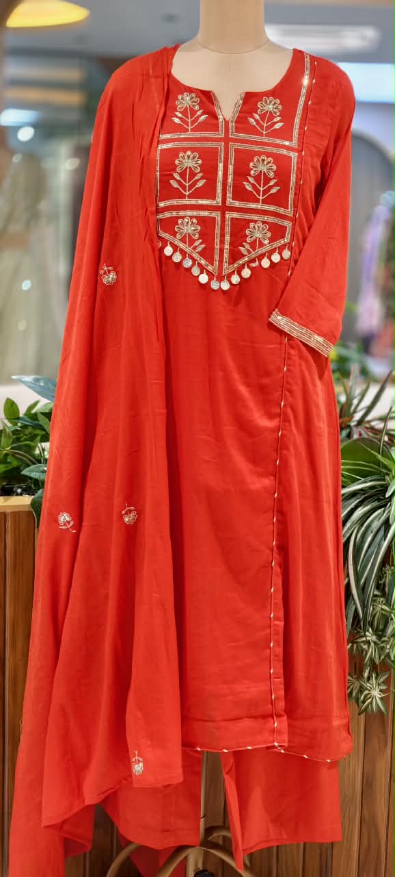 Sequence Block Floral Embroidery With Coin Tassels Yoke Mul Cotton Full Suit Set With Dupatta-  16817