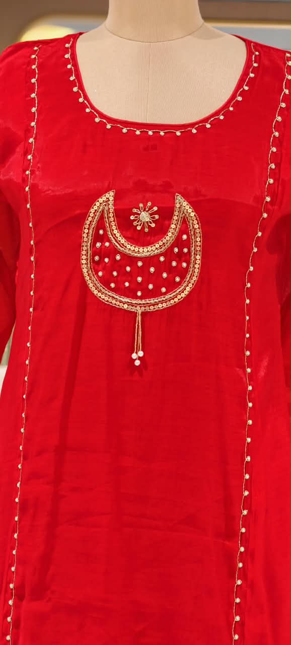 Half Phased Moon Sequin Embroidery Reddish Glow A-Line Full Suit Set With Dupatta- 16758