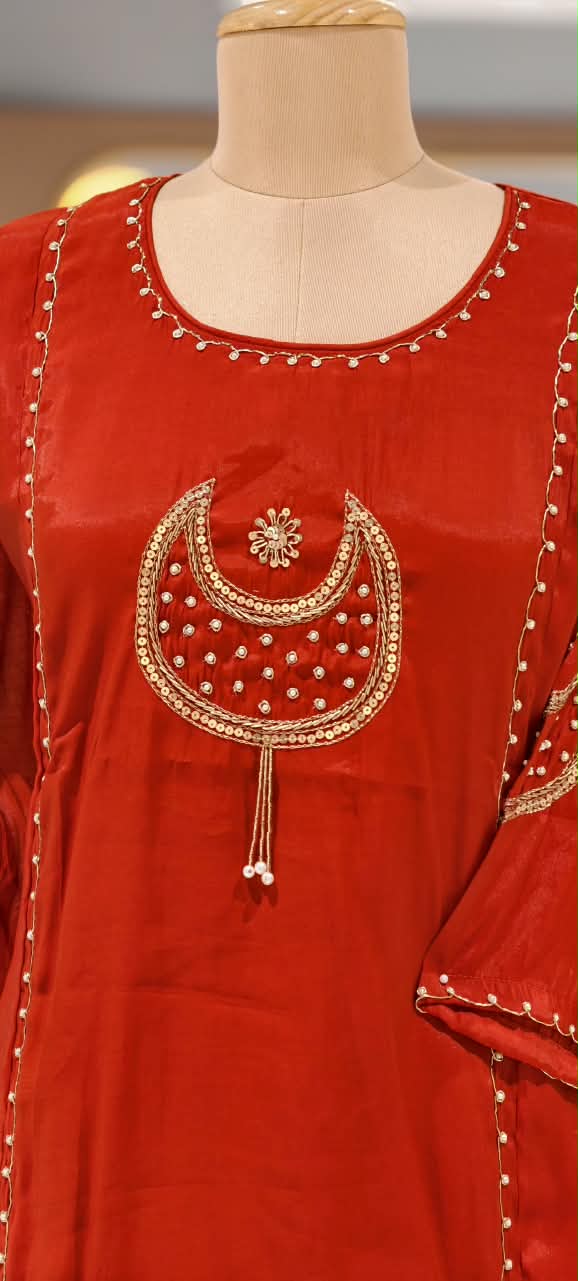 Half Phased Moon Sequin Embroidery Reddish Glow A-Line Full Suit Set With Dupatta- 16758