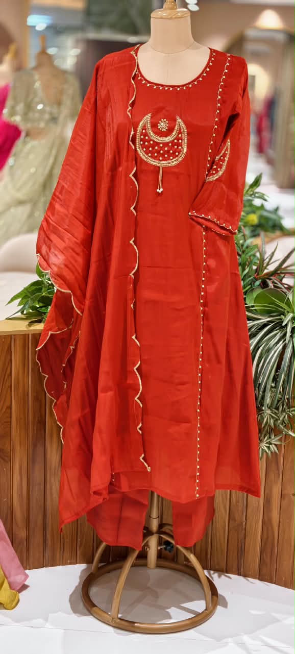 Half Phased Moon Sequin Embroidery Reddish Glow A-Line Full Suit Set With Dupatta- 16758