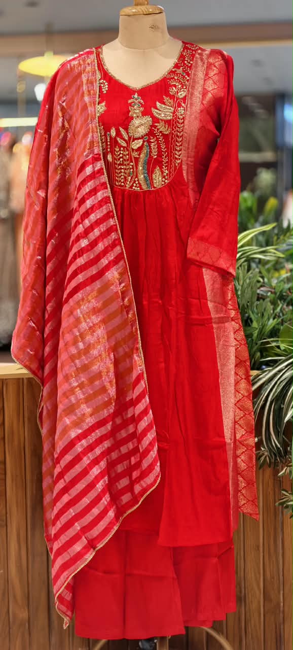 Banarasi Style Aline Tissue Pannel  Embroidered Yoke Party Anarkali Full Suit Set With Dupatta- 16664