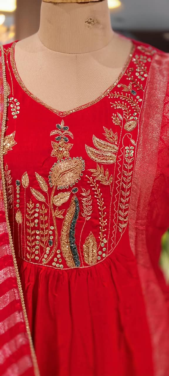 Banarasi Style Aline Tissue Pannel  Embroidered Yoke Party Anarkali Full Suit Set With Dupatta- 16664