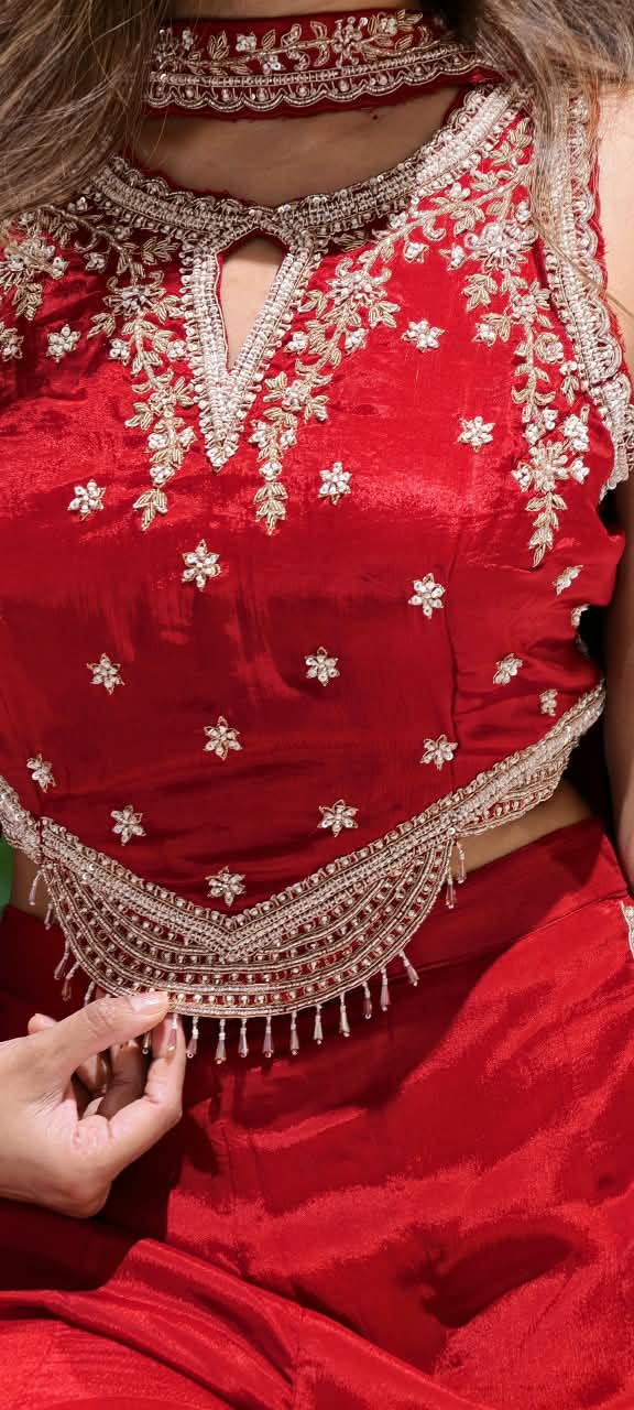 Heavy Hand-Embroidery Intricate Detailing Crop-Top With Flared Palazzo Bottom & Chowker Dupatta- 16821