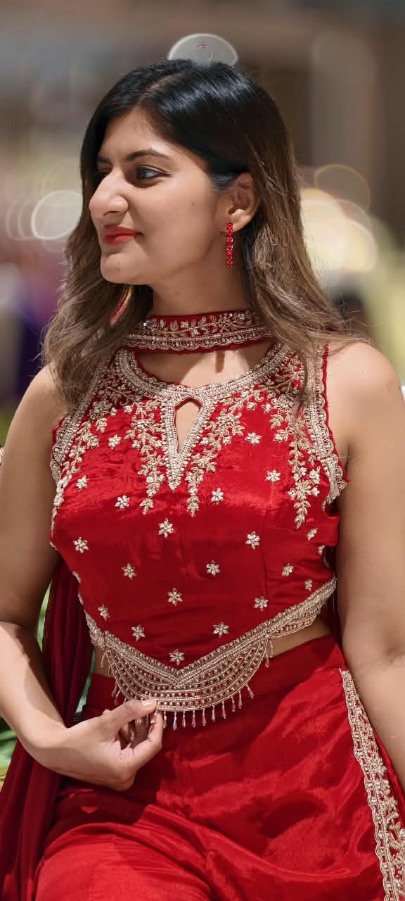 Heavy Hand-Embroidery Intricate Detailing Crop-Top With Flared Palazzo Bottom & Chowker Dupatta- 16821