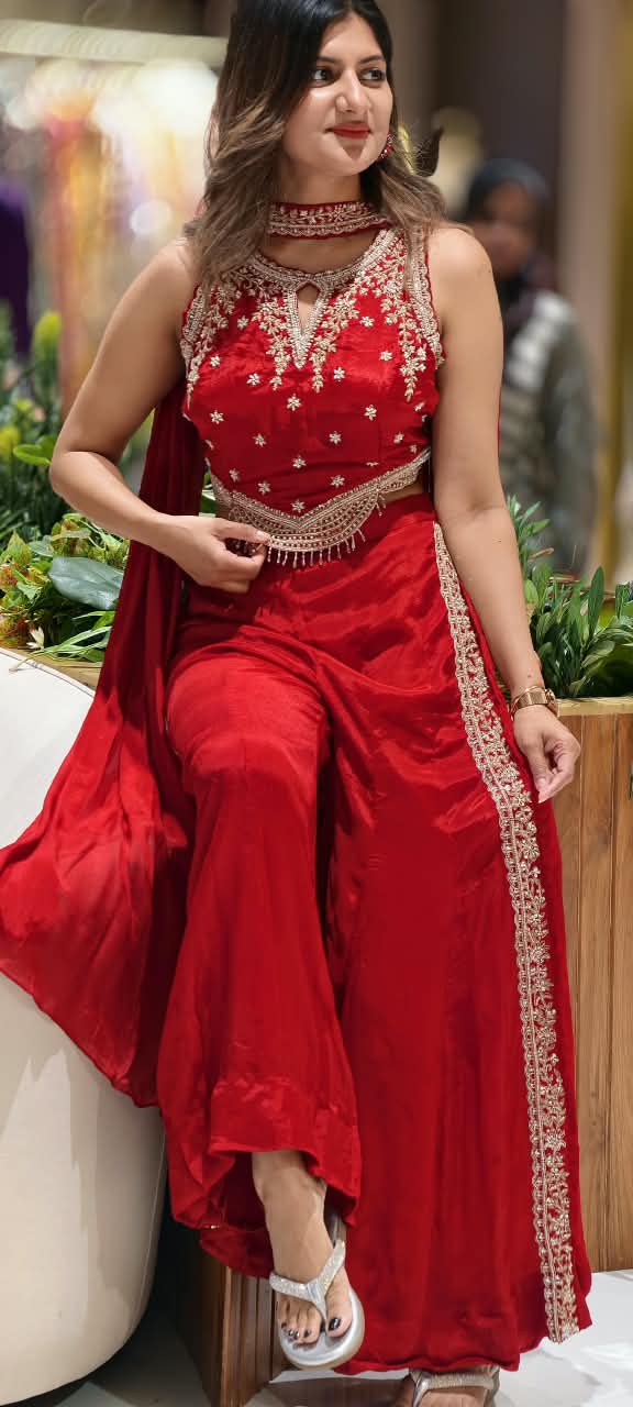 Heavy Hand-Embroidery Intricate Detailing Crop-Top With Flared Palazzo Bottom & Chowker Dupatta- 16821
