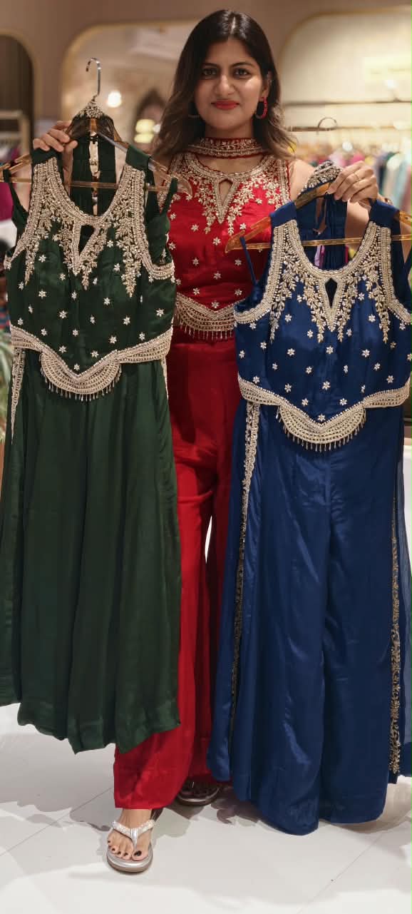 Heavy Hand-Embroidery Intricate Detailing Crop-Top With Flared Palazzo Bottom & Chowker Dupatta- 16821