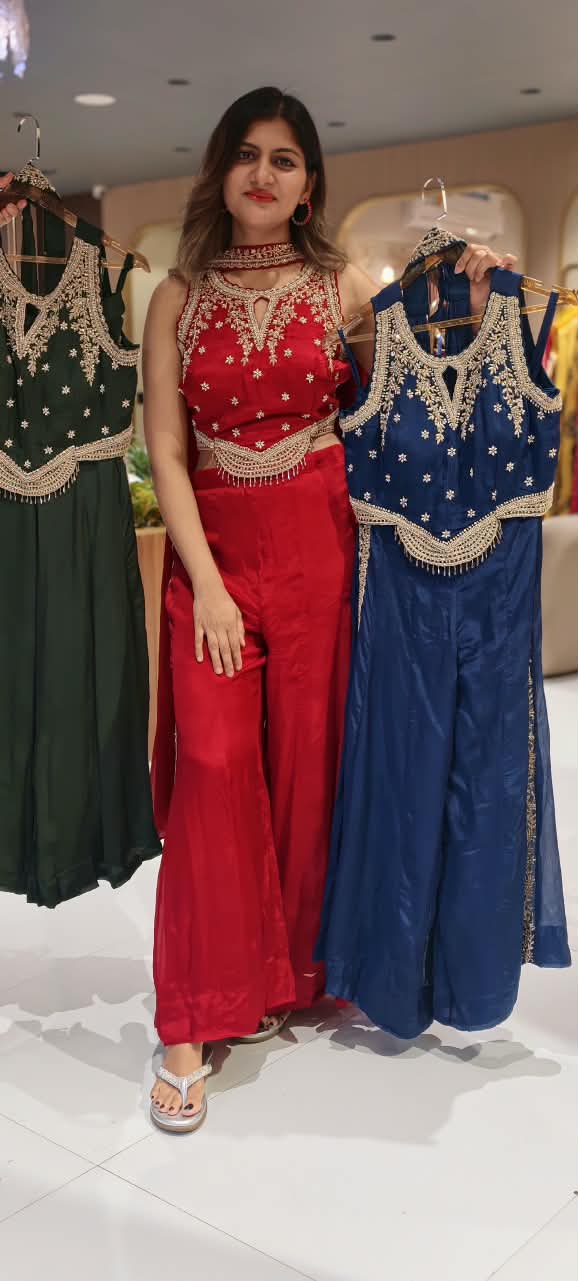 Heavy Hand-Embroidery Intricate Detailing Crop-Top With Flared Palazzo Bottom & Chowker Dupatta- 16821