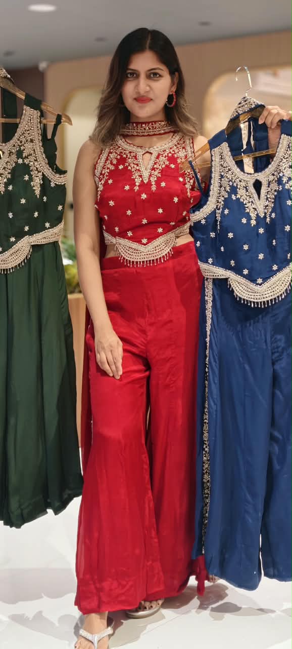 Heavy Hand-Embroidery Intricate Detailing Crop-Top With Flared Palazzo Bottom & Chowker Dupatta- 16821