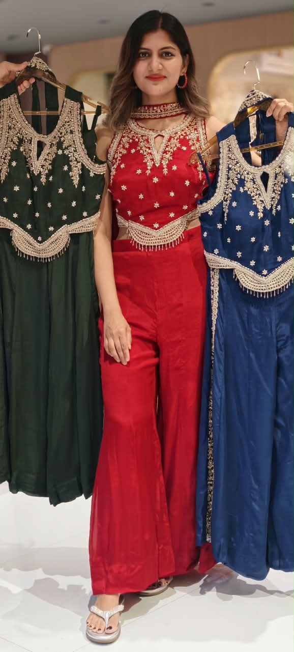 Heavy Hand-Embroidery Intricate Detailing Crop-Top With Flared Palazzo Bottom & Chowker Dupatta- 16821