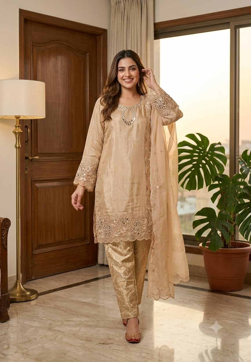 Beautiful Tissue fancy Sleeves Real mirror work Short kurta with Brocade Bottom And Dupatta 16835