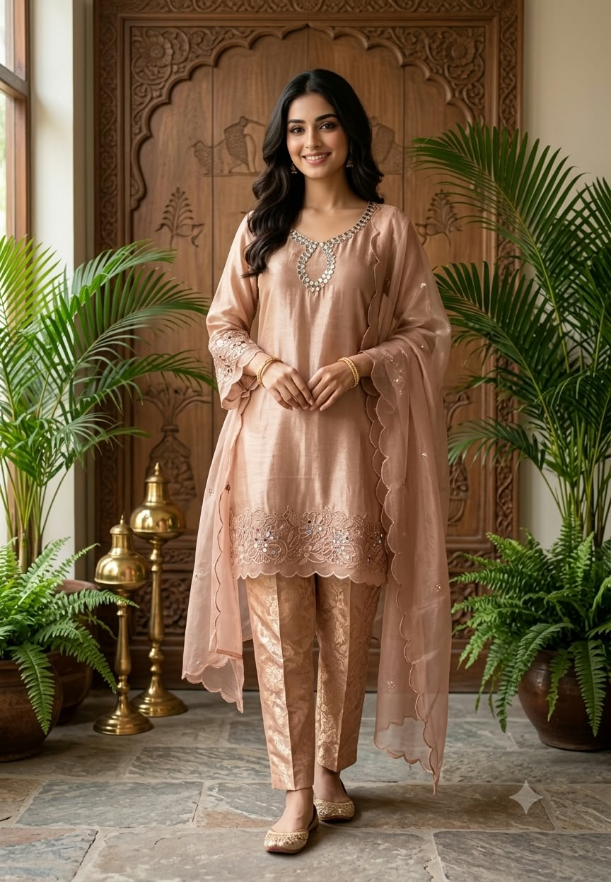 Beautiful Tissue fancy Sleeves Real mirror work Short kurta with Brocade Bottom And Dupatta 16835