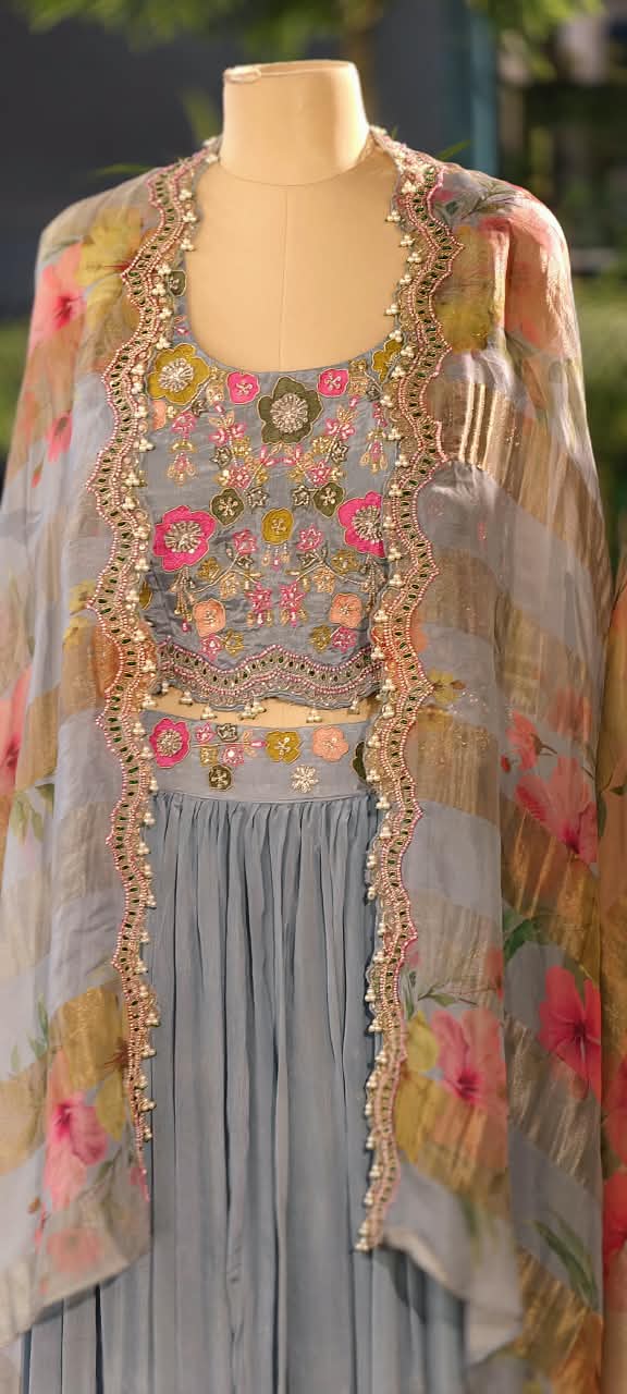 Elegant  Chinon  Chunat Skirt & Tissue Floral Shrug Set with Multicolor Floral Embroidered Crop Top 16823