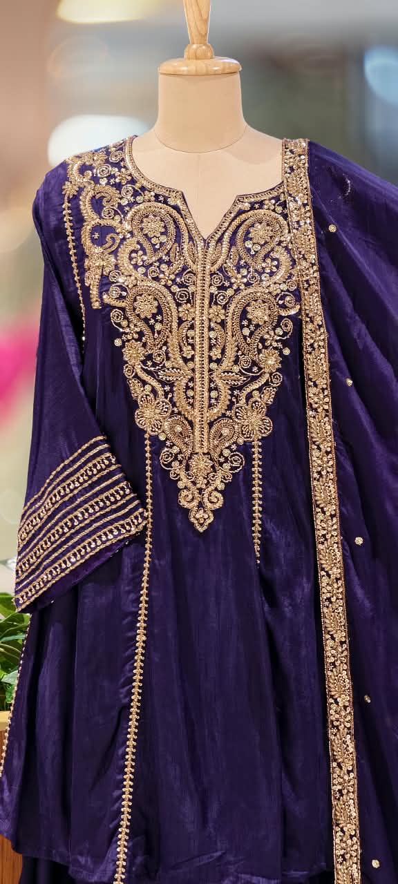 Silk Short Kurta Set with Heavy  Embroidered Yoke Premium Festive Wear Farshi Bottom Full Set- 16822