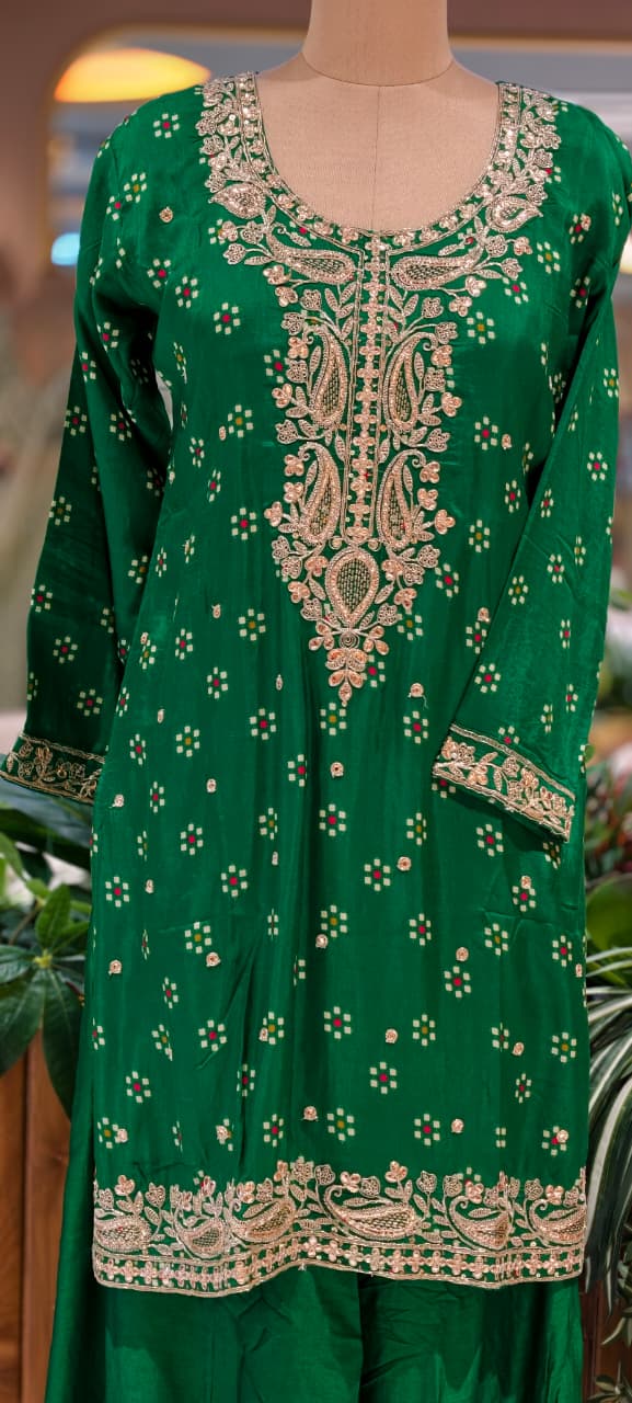 Emerald Graceful Boxed Dye Print Zarina Yoke Palazzo Full Suit Set With Leheriya Dupatta- 16309