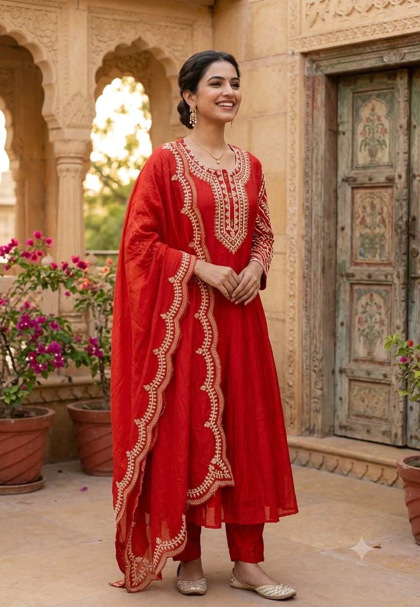 Pure Mulchanderi Pitten Gotta Pearl Embroidered Work A-line Full Suit Set With Dupatta- 16932