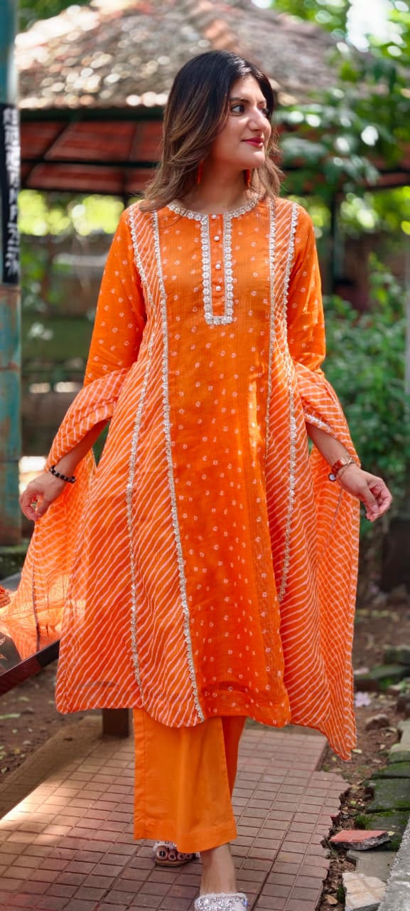 Kota Doria Vibrant Orange Bandhej Print Golden Lace Trimmed Highlights A-Line Full Suit Set With Dupatta- 16951