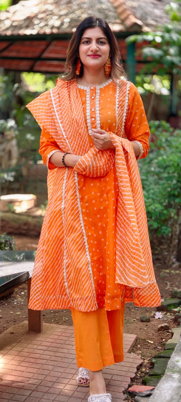 Kota Doria Vibrant Orange Bandhej Print Golden Lace Trimmed Highlights A-Line Full Suit Set With Dupatta- 16951