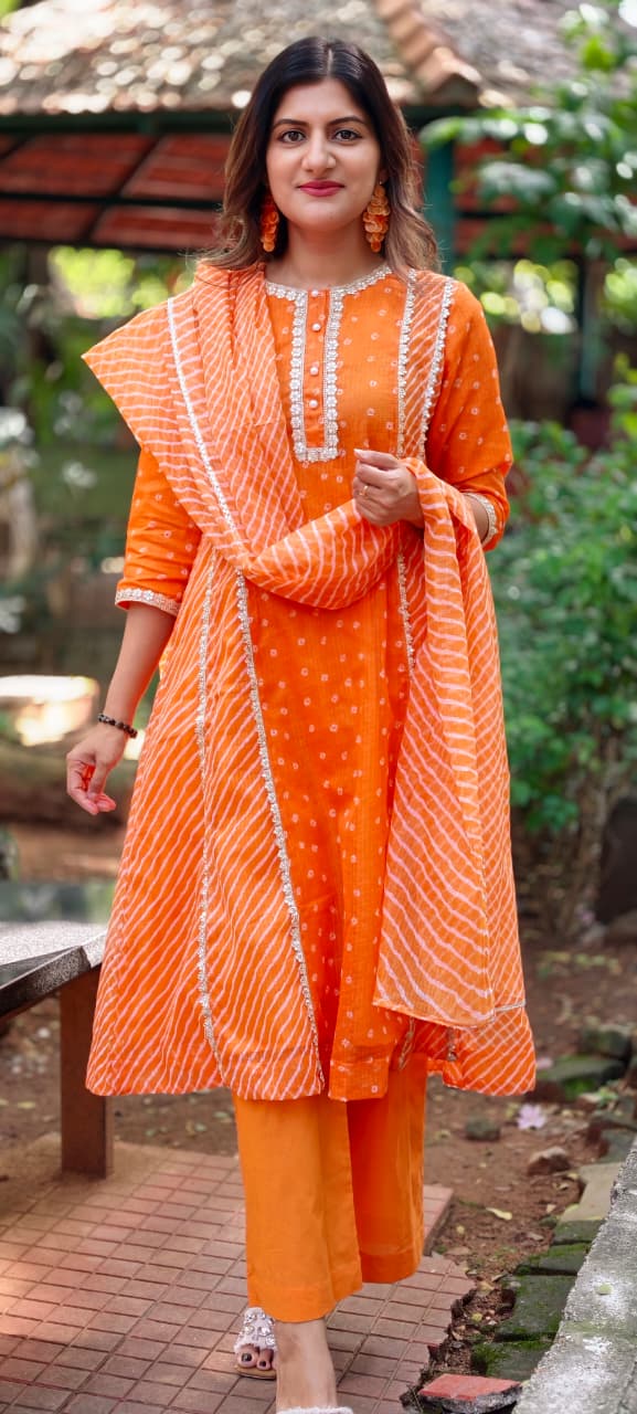 Kota Doria Vibrant Orange Bandhej Print Golden Lace Trimmed Highlights A-Line Full Suit Set With Dupatta- 16951