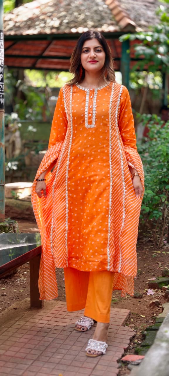 Kota Doria Vibrant Orange Bandhej Print Golden Lace Trimmed Highlights A-Line Full Suit Set With Dupatta- 16951
