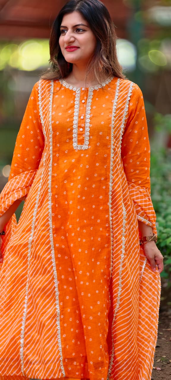 Kota Doria Vibrant Orange Bandhej Print Golden Lace Trimmed Highlights A-Line Full Suit Set With Dupatta- 16951