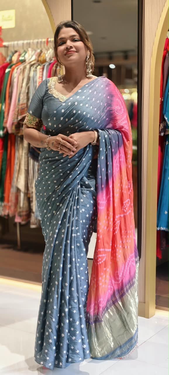 Vibrant Bandhani Print Mural Satin Saree with Unstitched Blouse Piece 16650