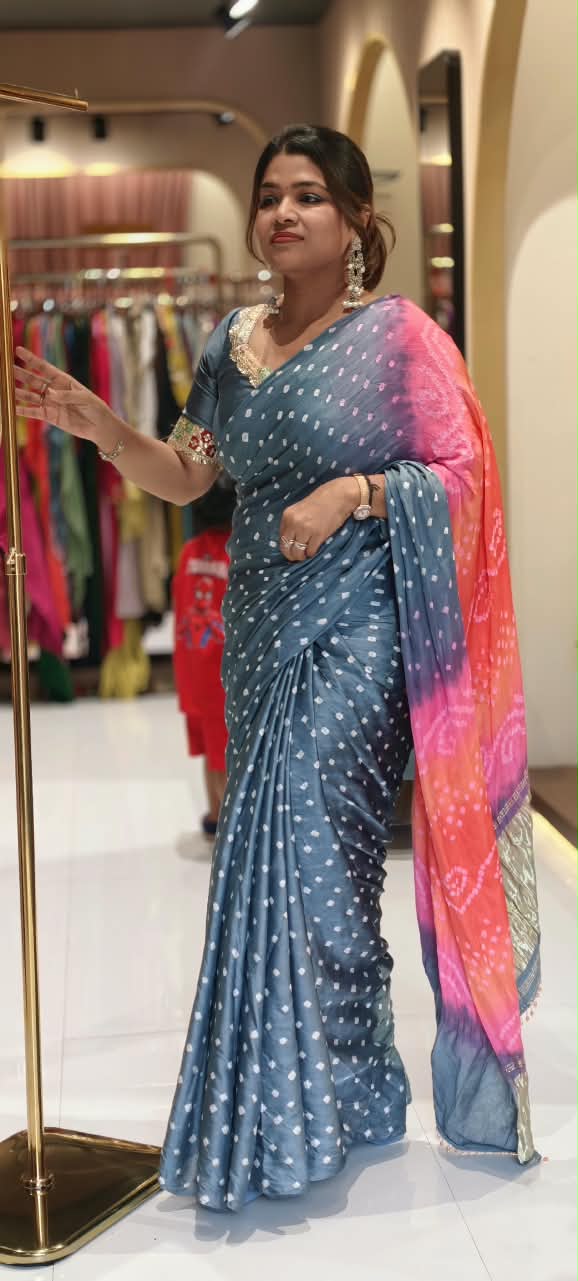 Vibrant Bandhani Print Mural Satin Saree with Unstitched Blouse Piece 16650