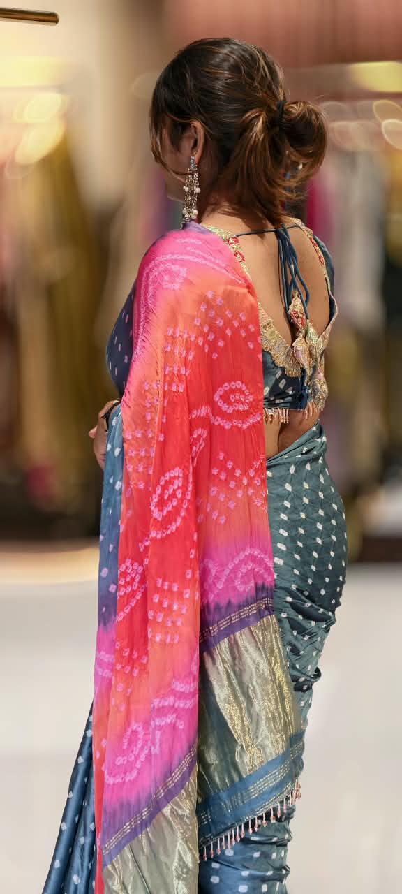 Vibrant Bandhani Print Mural Satin Saree with Unstitched Blouse Piece 16650