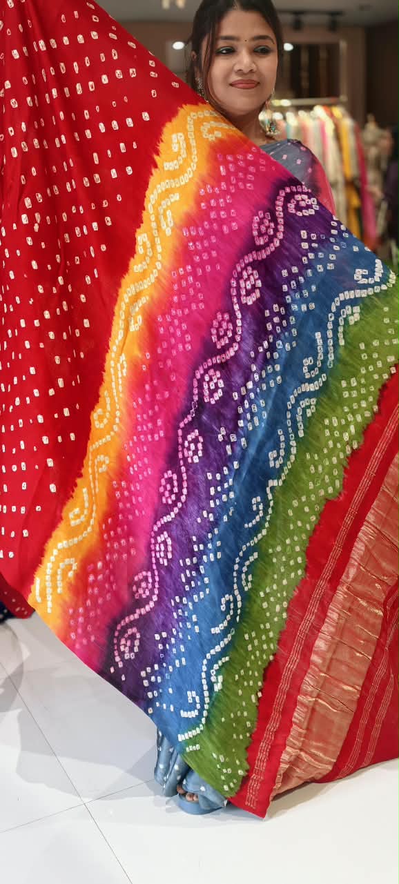 Vibrant Bandhani Print Mural Satin Saree with Unstitched Blouse Piece 16650