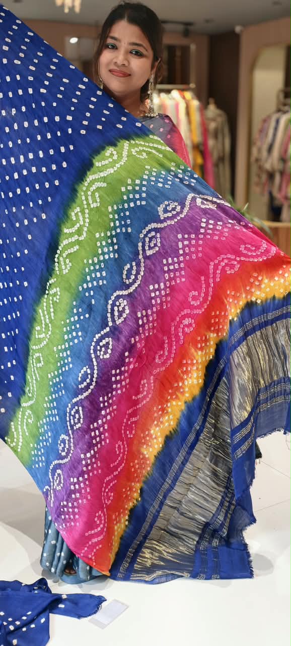 Vibrant Bandhani Print Mural Satin Saree with Unstitched Blouse Piece 16650