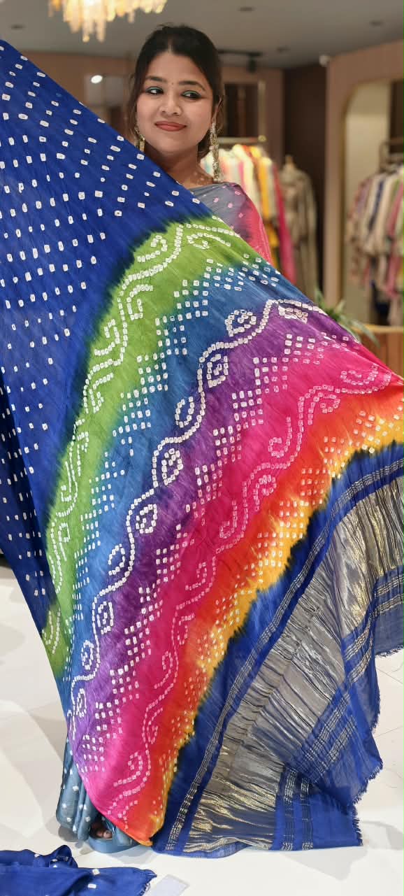 Vibrant Bandhani Print Mural Satin Saree with Unstitched Blouse Piece 16650