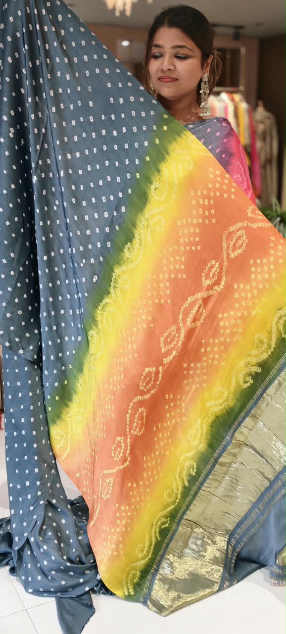 Vibrant Bandhani Print Mural Satin Saree with Unstitched Blouse Piece 16650
