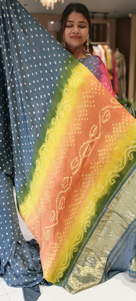 Vibrant Bandhani Print Mural Satin Saree with Unstitched Blouse Piece 16650
