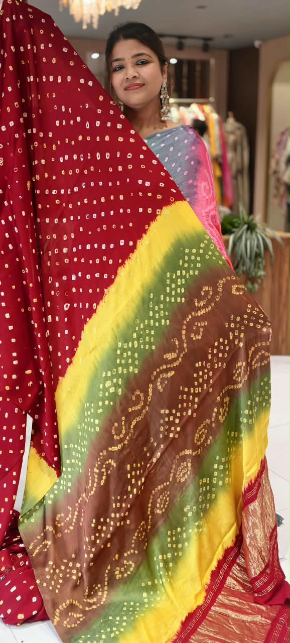 Vibrant Bandhani Print Mural Satin Saree with Unstitched Blouse Piece 16650