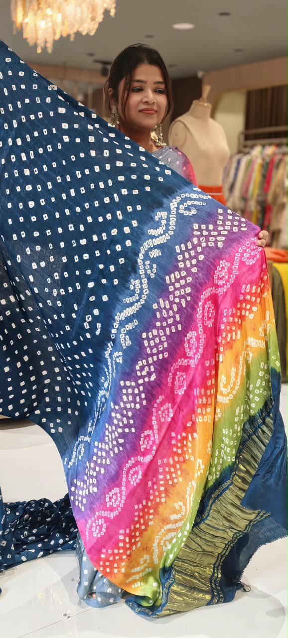 Vibrant Bandhani Print Mural Satin Saree with Unstitched Blouse Piece 16650