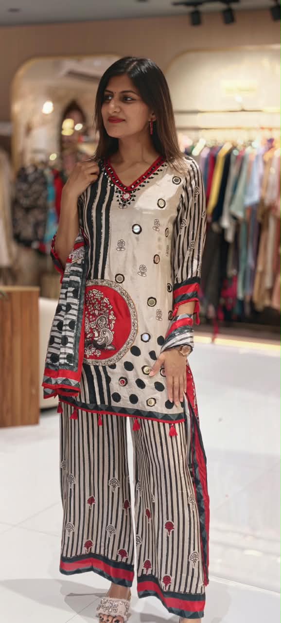 Pure Crepe Black White Inspired Tassel Accent Short Length Kurta Full Suit Set With Dupatta- 16900